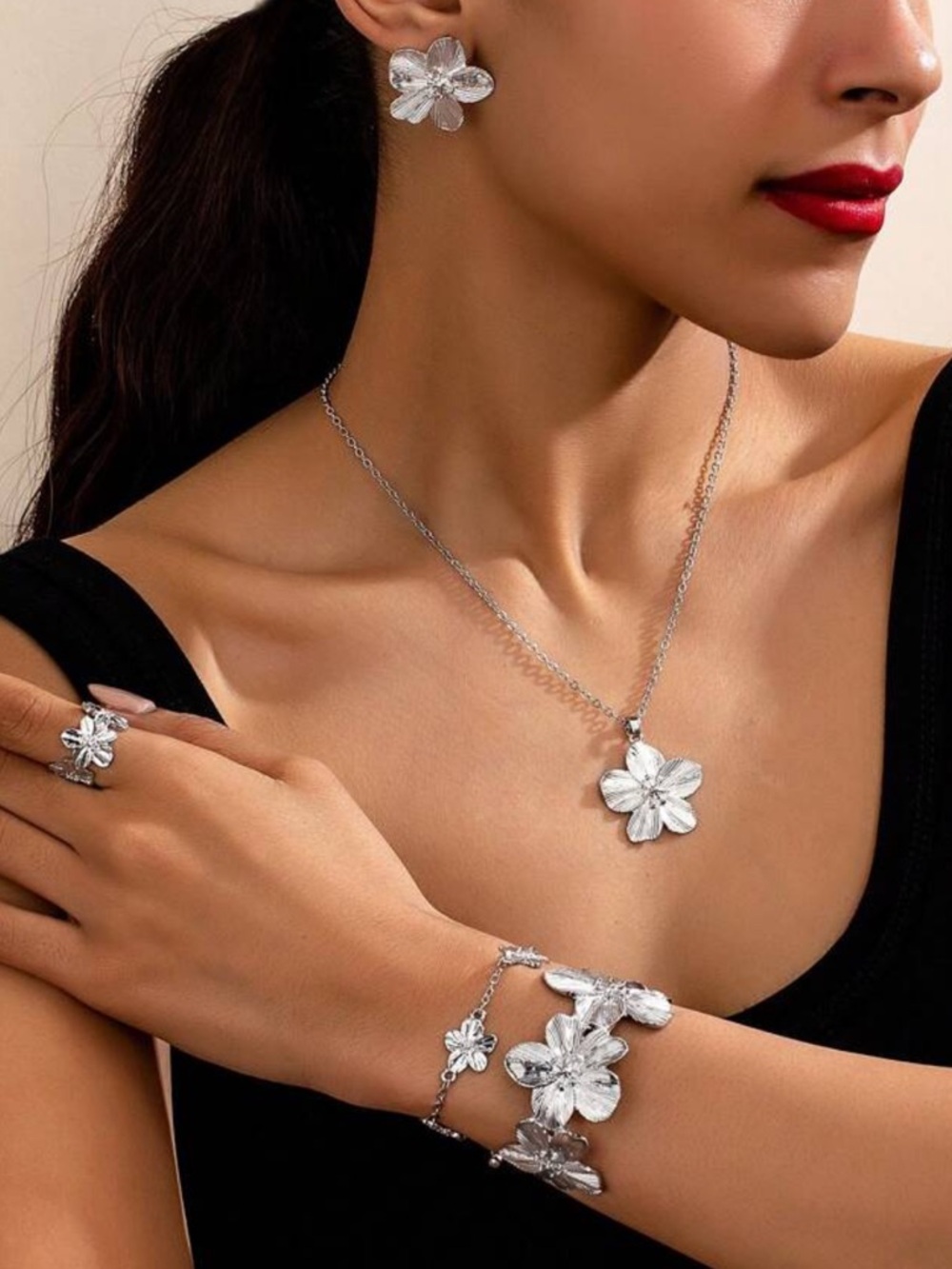 SHEIN Women’s 5-pc Silver Floral Earrings, Necklace, Bracelet, Bangle & Ring Set